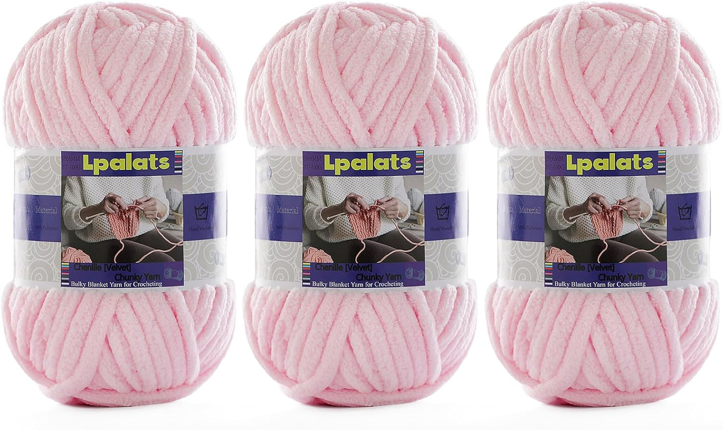 Chunky Chenille Yarn for Crocheting - 3 Pack of 100g/3.5oz - #6 Super Bulky - Polyester - Baby Blanket Yarn for Crochet Amigurumi Blankets (3, Light Pink)