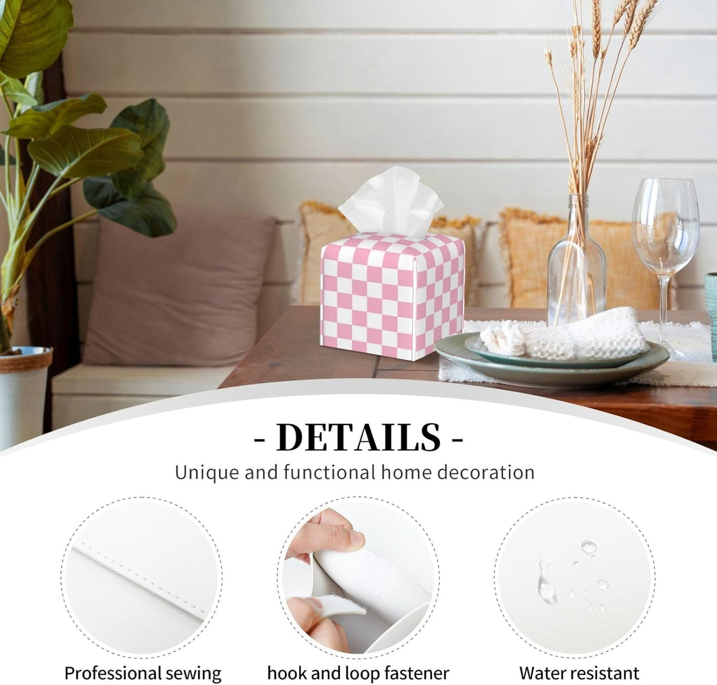 Pink Pastel Checkered Tissue Box Cover Square-Pu Leather Tissue Box Cover Holder-Paper Case Organizer for Bathroom,Night Stands,Office Desk,Car 5.2''X5.2''X5.2''