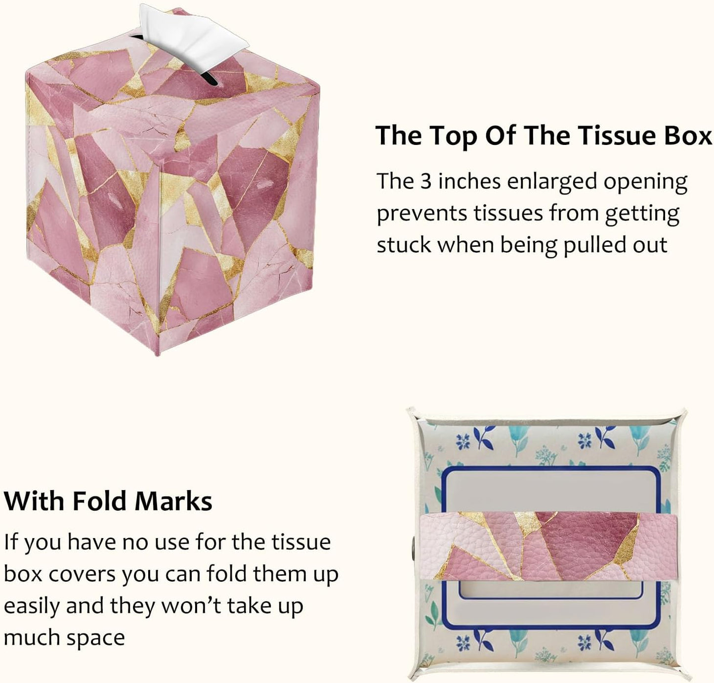 Tissue Box Cover Square, PU Leather Tissue Box Holder for Bathroom, Living Room & Office Desk, Pink Marble with Gold Foil Inlay, Decorative Modern Tissue Box Cover