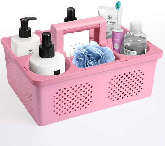 KMV Portable Shower Caddy Dorm: Features handles and adjustable compartments，Ventilation and Drainage Hole Design Cleaning Basket，ideal for toiletries， Essential for college dorms-pink
