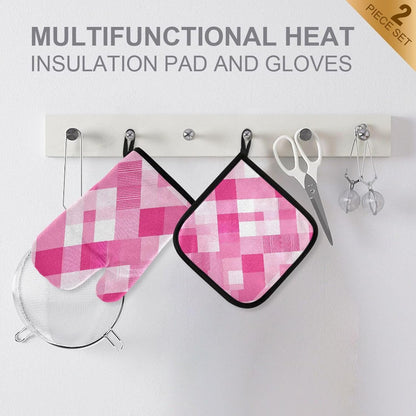 Light Pink Checkered Plaid Oven Mitts and Pot Holders Set for Cooking Baking Kitchen Decor