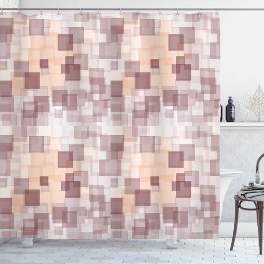 Ambesonne Geometric Shower Curtain, Abstract Textured Square Shaped Loose Angled Interlace Lines and Forms Design, Cloth Fabric Bathroom Decor Set with Hooks, 69" W x 84" L, Pale Peach