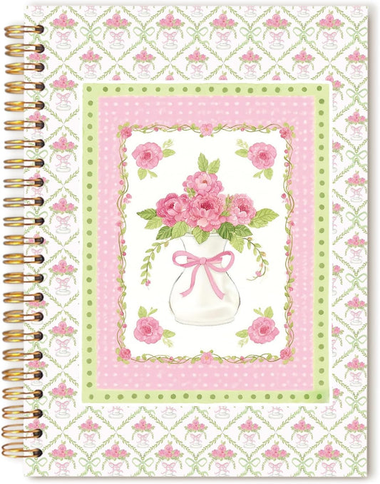 Coquette Pink Bow Floral Notebook Journal, Grandmillennial Pink and Green Cottagecore Botanical Flower Aesthetic Spiral Hardcover Notebook Journal for School Office Work, 5.5x8.3 Inch