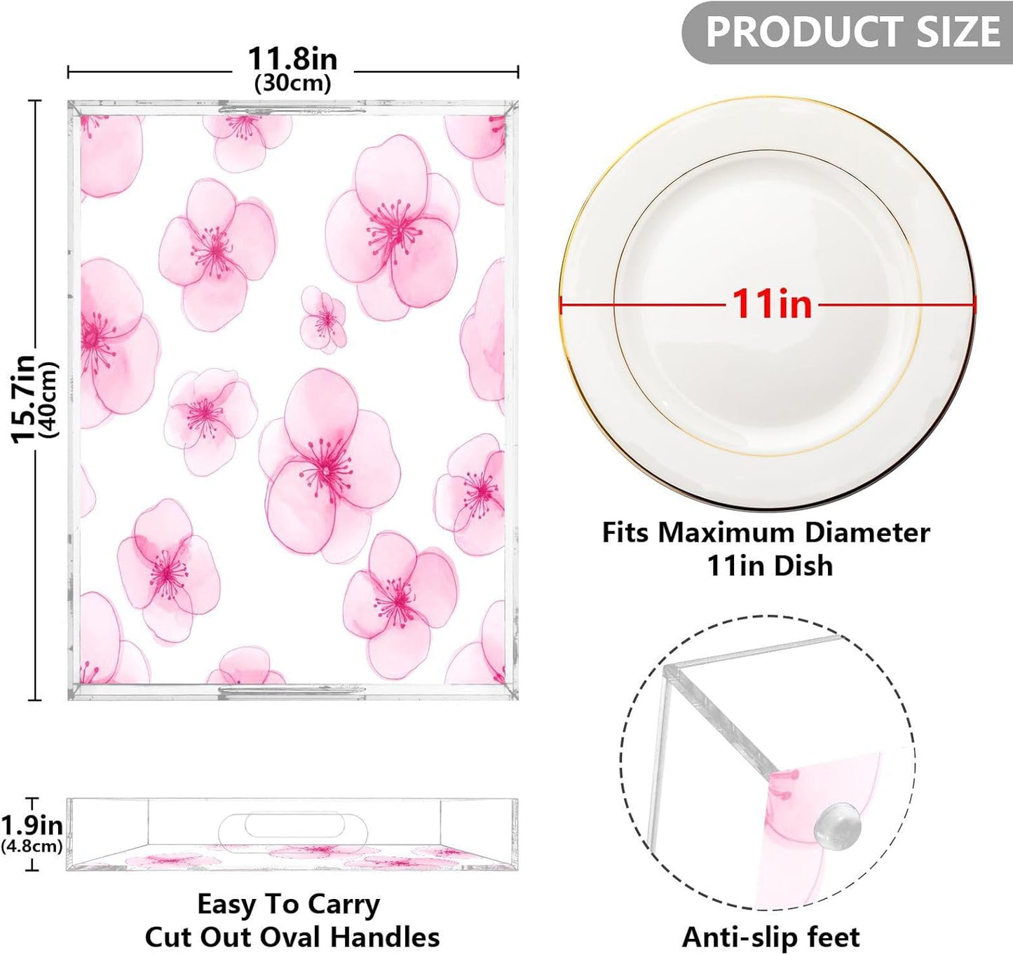 Kigai Peach Flowers Acrylic Serving Tray with Handles 15.7 x 11.8 x 1.9 inch Spill Proof Decorative Tray Countertop Organizer for Living Room Bathroom Ottoman Coffee Tables