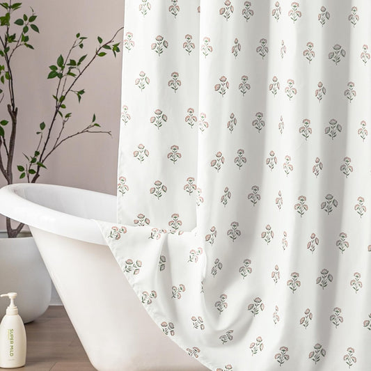 Lino Rosa Pink Cute Floral Shower Curtain, Vintage Cottage Core Shabby Chic Fabric Pretty Flower Girly Shower Curtains for Girls Bathroom, 72x72, Light Pink and Green White
