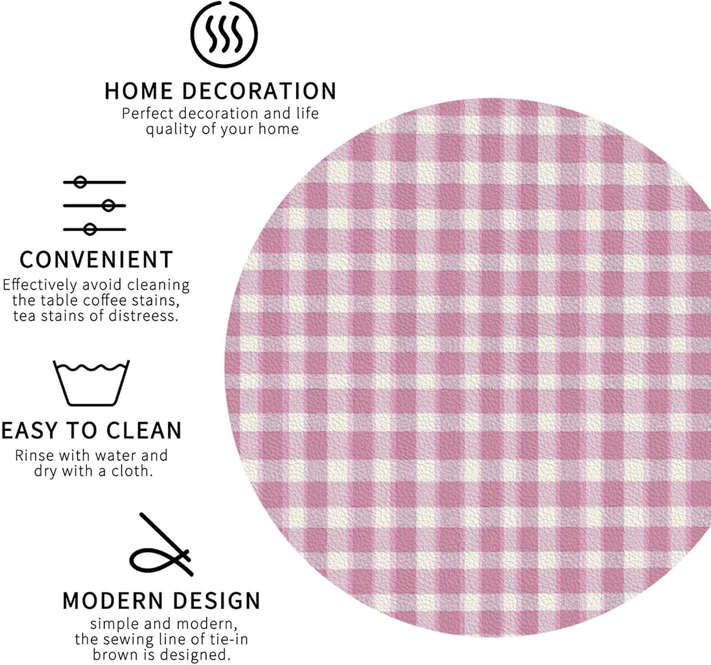 Pastel Pink Gingham (3) Pattern Leather Coasters for Drinks(4 Pack)，Handmade Durable Drink Coasters Set for Tabletop Protection