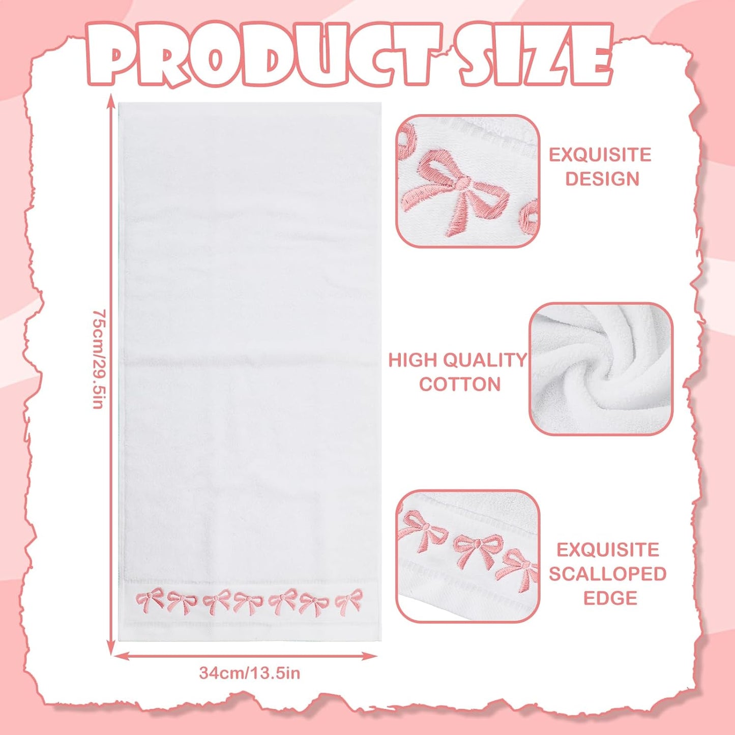 JarThenaAMCS 2 Pack White Pink Bow Hand Towels Embroidered Bowknot Absorbent Cotton Bath Towel for Bathroom Kitchen Bridal Shower Wedding Hand Drying Baking Cooking, 29.5 x 13.4 Inch