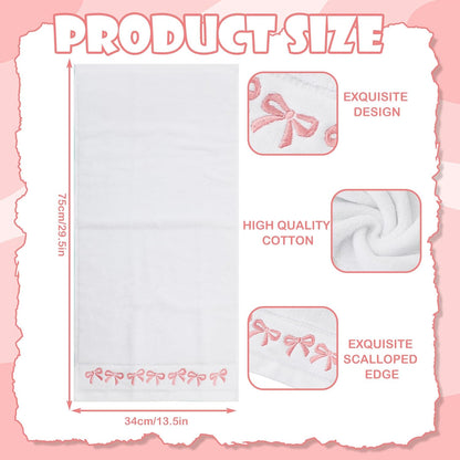 JarThenaAMCS 2 Pack White Pink Bow Hand Towels Embroidered Bowknot Absorbent Cotton Bath Towel for Bathroom Kitchen Bridal Shower Wedding Hand Drying Baking Cooking, 29.5 x 13.4 Inch