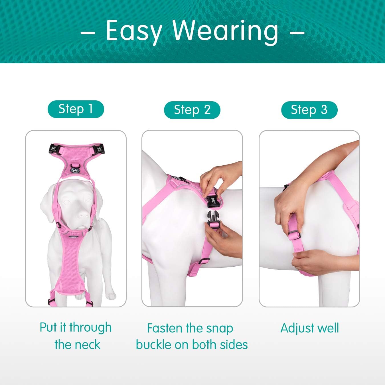 PoyPet Reflective Soft Breathable Mesh Dog Harness No Choke Double Padded Vest Adjustable(Light Pink,S)