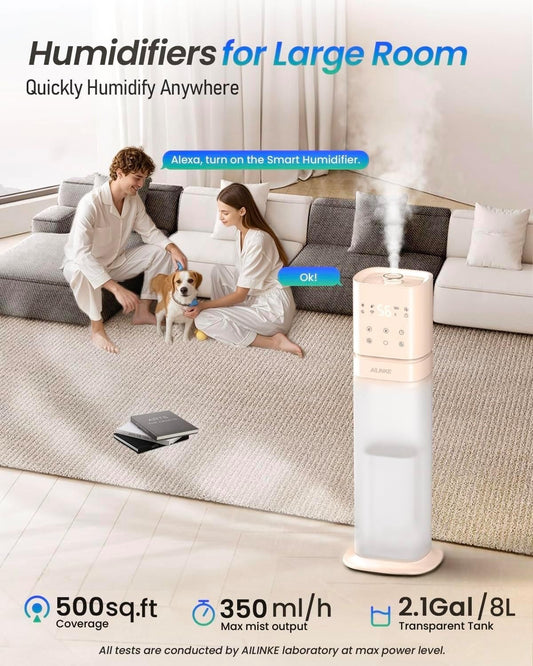 Humidifiers for Bedroom 2.1Gal/8L, Smart Humidifier for Large Room, Cool Mist Humidifiers for Home Kids Baby Plants, Top Fill Humidifier with Extension Tube, WIFI APP & Voice Control, Pink