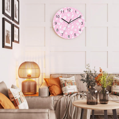 Marine Life Wall Clock Battery Operated Non-Ticking 12" Round Wood Clocks, Ocean Coral Shell Starfish Pink Kitchen Wall Clock for School Bathroom Living Room Home Office Wall Decor