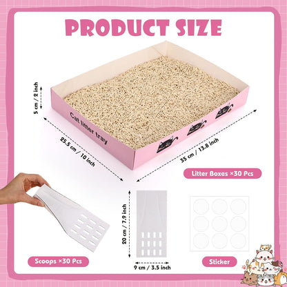 Amyhill 60 Pack Disposable Litter Boxes for Cats, 30 Foldable Travel Kitty Litter Boxes & 30 Scoops, Portable Waterproof Cardboard Cat Trays for Small Pets, 13.8 x 10 x 2inch Pink