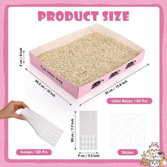 Amyhill 60 Pack Disposable Litter Boxes for Cats, 30 Foldable Travel Kitty Litter Boxes & 30 Scoops, Portable Waterproof Cardboard Cat Trays for Small Pets, 13.8 x 10 x 2inch Pink