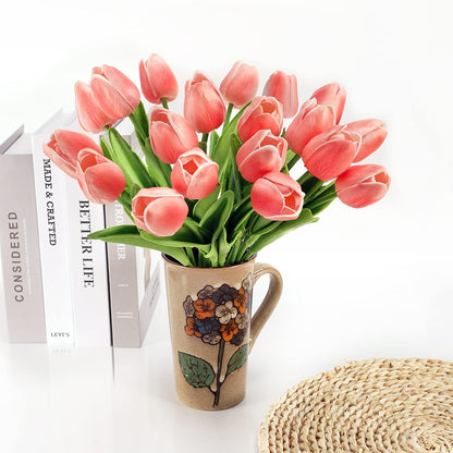 KOILLUXU Artificial Flowers 30pcs Bouquet 14" Tall Real Touch Tulips, Peach Pink PU Fake Tulips Flowers for Arrangement Wedding Party or Easter Spring Home Centerpiece Dining Room Office Table Décor.