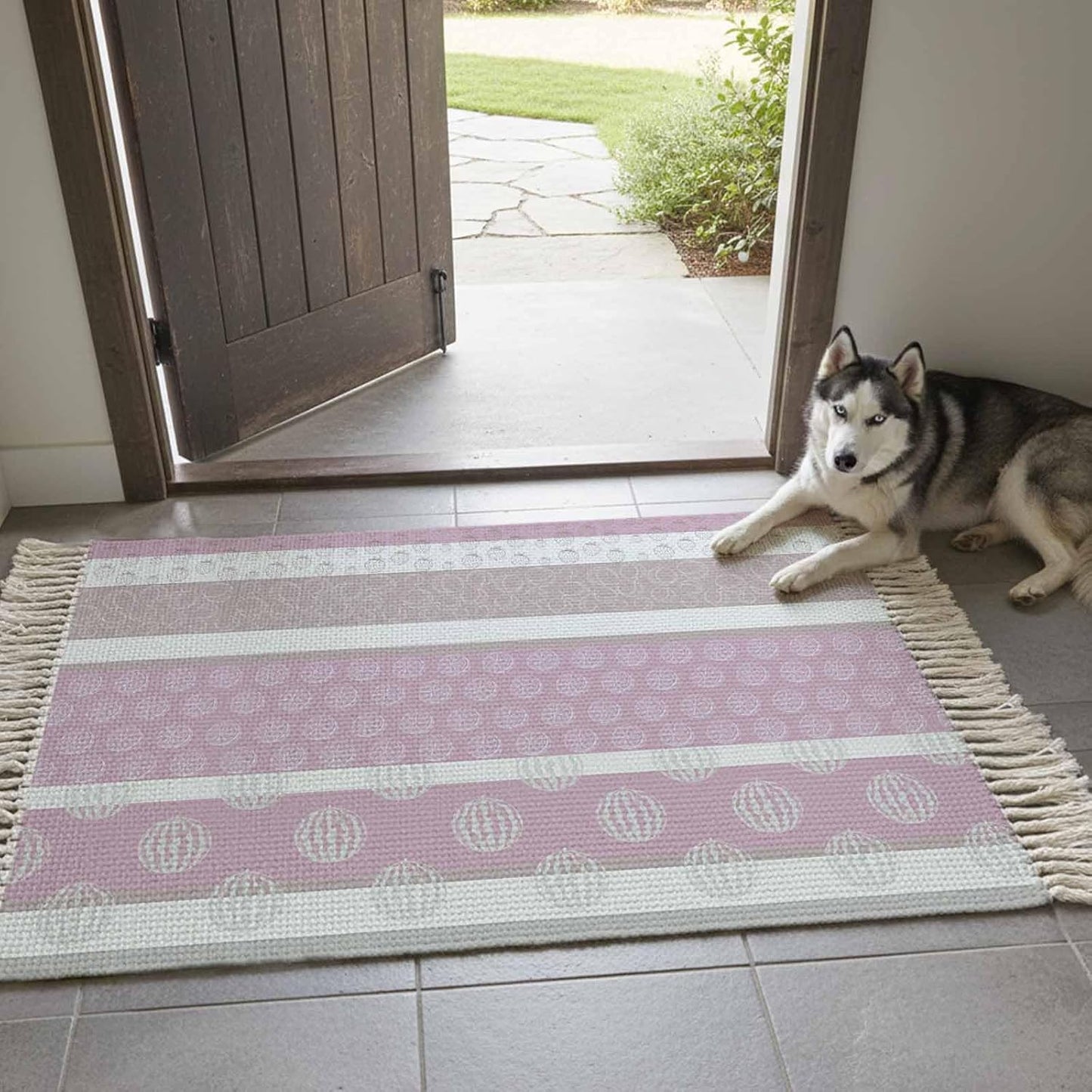 Bedroom Rug 3'x 5', Farm Fruits Washable Floor Carpet with Tassels, Watermelon Lemons Peach Pink Grey Striped Elegant Soft Carpet Floor Mat for Patio, Balcony, Laundry, Room Decor