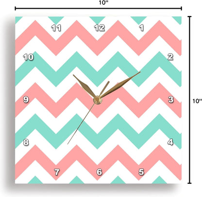 3dRose Wall Clock Silent - 10 inch - Coral Pink and Turquoise Chevron Zig zag Pattern - Teal Zigzag Stripes - Chevron Patterns