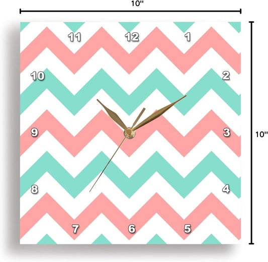 3dRose Wall Clock Silent - 10 inch - Coral Pink and Turquoise Chevron Zig zag Pattern - Teal Zigzag Stripes - Chevron Patterns