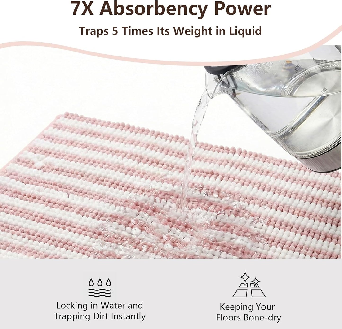 Chenille Bathroom Rug Non Slip Washable, Absorbent Bath Mat with Quick Dry Surface and Durable Hot Melt Adhesive Backing for Floor, Tub, Shower, Sink, Small (16" x 24"), Pink and White Pinstripe