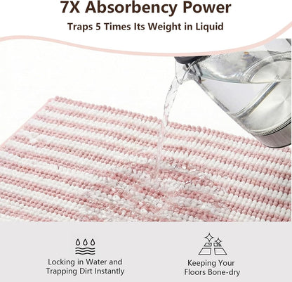 Chenille Bathroom Rug Non Slip Washable, Absorbent Bath Mat with Quick Dry Surface and Durable Hot Melt Adhesive Backing for Floor, Tub, Shower, Sink, Small (16" x 24"), Pink and White Pinstripe