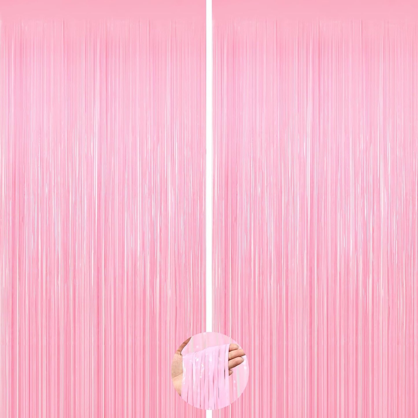 2Pack Pink Foil Curtain Pastel Pink Backdrop Streamers, Door Streamers Photo Booth Backdrop for Birthday Wedding Party, Metallic Tinsel Foil Fringe Curtains for Bachelorette Xmas Party Decorations