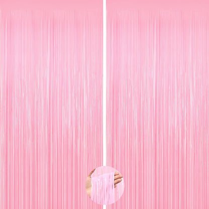 2Pack Pink Foil Curtain Pastel Pink Backdrop Streamers, Door Streamers Photo Booth Backdrop for Birthday Wedding Party, Metallic Tinsel Foil Fringe Curtains for Bachelorette Xmas Party Decorations
