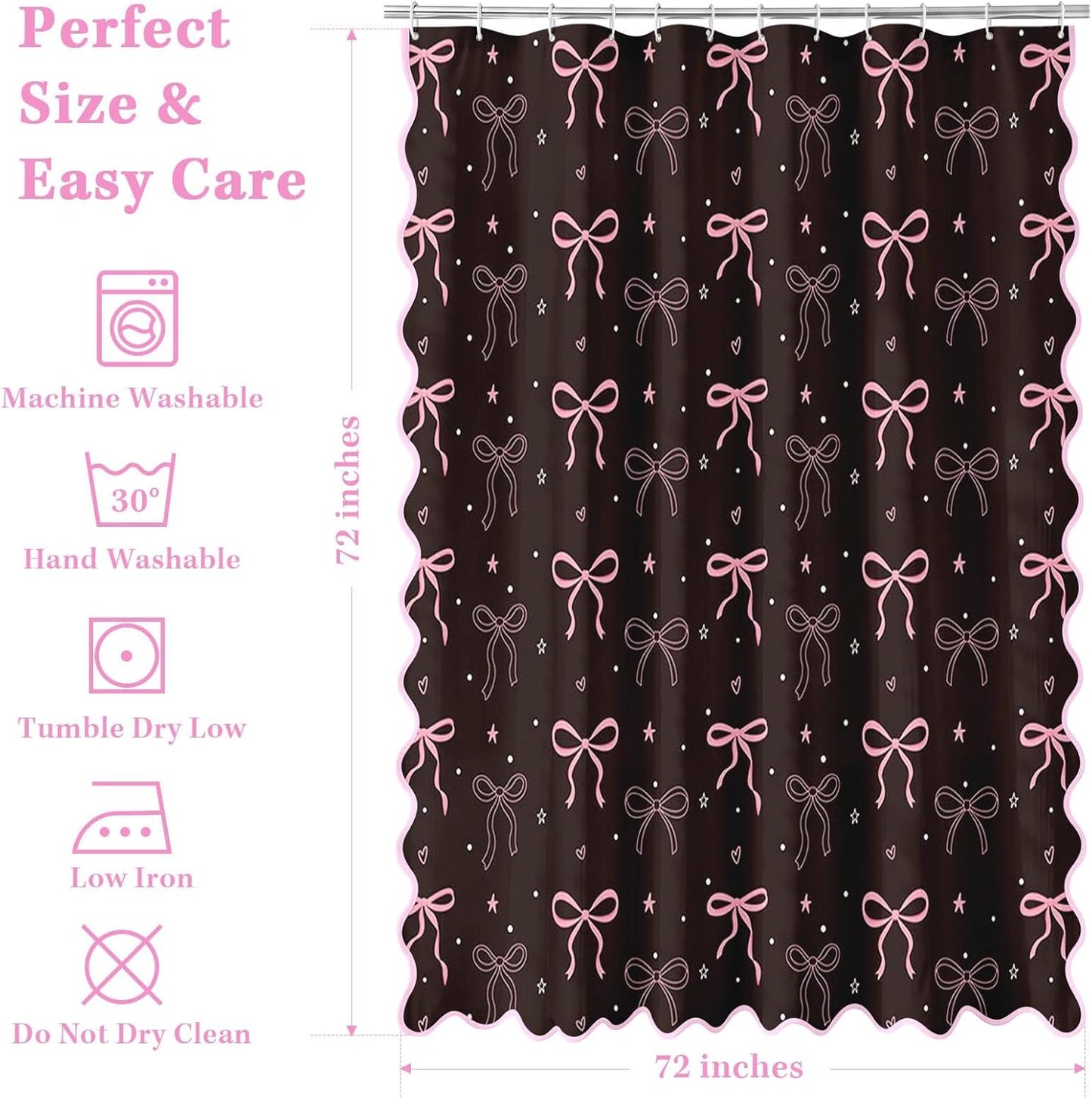 Bow Shower Curtain with Scalloped, Black and Pink Washable Waterproof Shower Curtains for Bathroom Decor with 12 Hooks, 72x72 Inch
