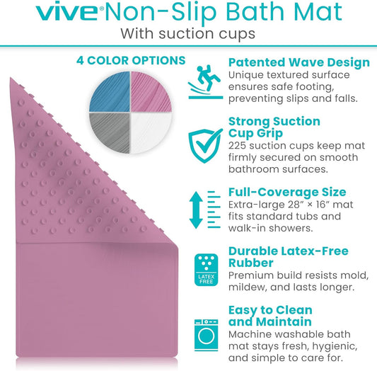 Vive Non-Slip Bath Mat with Suction Cups - 28" x 16" Extra Large Rubber Mat for Safety & Comfort - Patented Grip Prevents Slips and Falls for Kids, Elderly, Men, Women - XL Non Skid Shower & Tub Cover