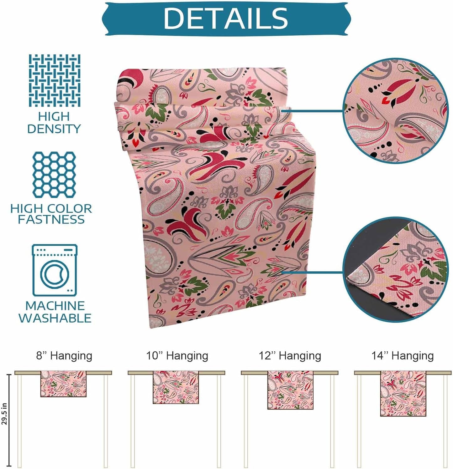 Vintage Baroque Style Floral Table Runners 13x72 Inches Long Linen Burlap Table Runner, Abstract Pink Paisley Flowers Tablerunners Dresser Scarf for Kitchen Dining Holiday Party Wedding Gathering