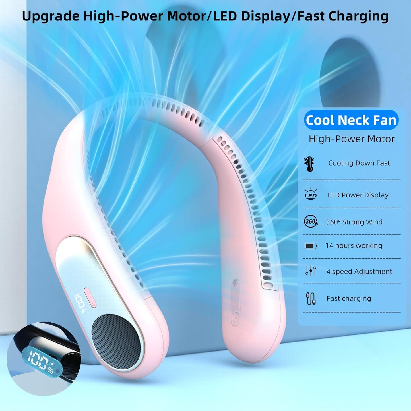 Portable Neck Fan, Personal Wearable Bladeless Fan for Outdoor Indoor, LED Display, 360° Cooling, 4-Speeds, 6000mAh USB Rechargeable, Birthday Gifts for Men Women Dad Mom (Pink)