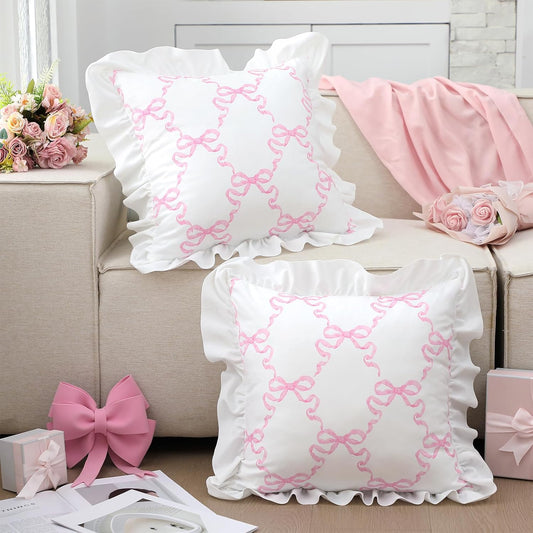 Fanfanwin Pink Bow Pillow Covers Set of 2 Christmas Ruffle Pillow Cases Coquette Pillowcase Sham Covers Cute Preppy Bow Pillows Decorative Girly Apartment Bedroom Room Decor 18 x 18''