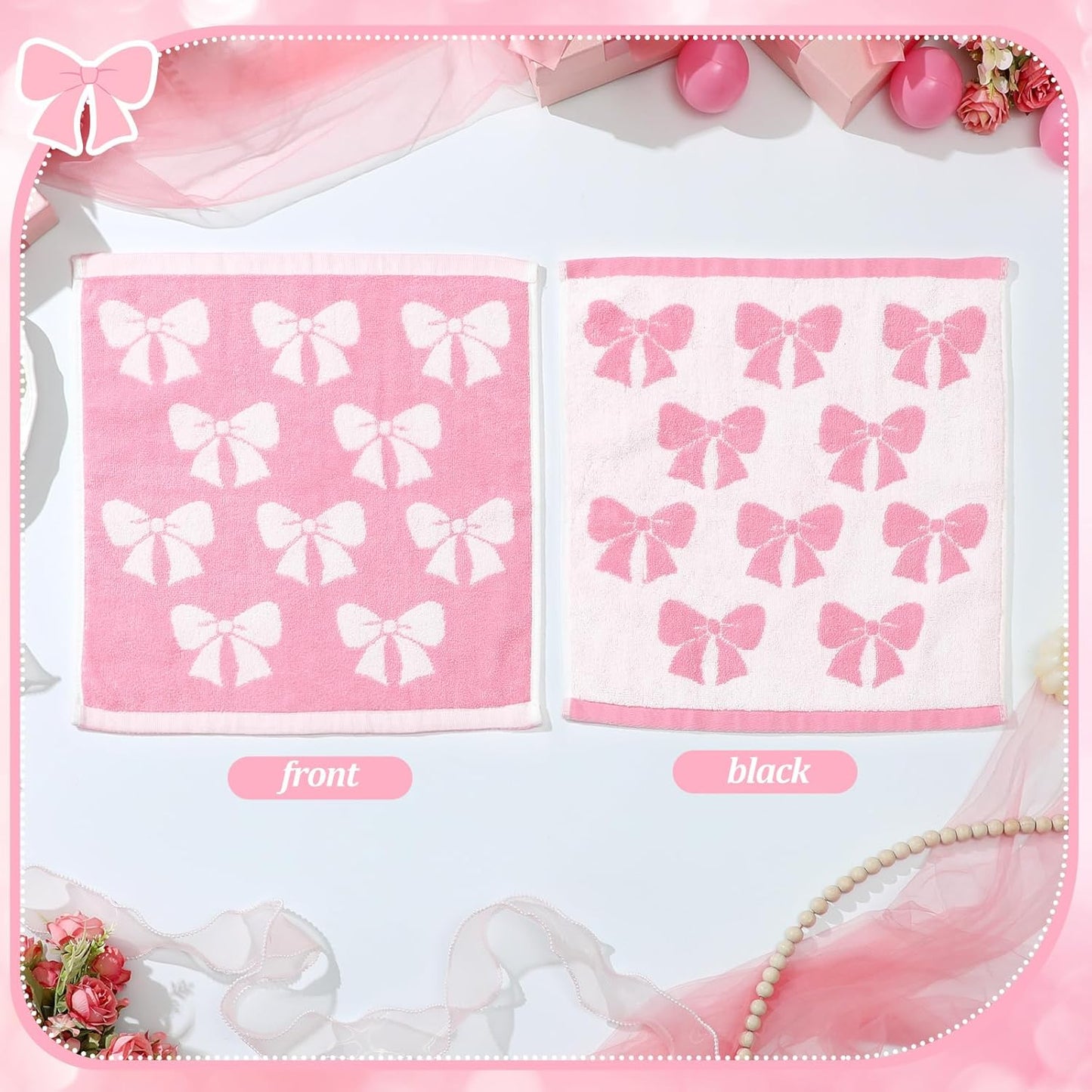 SmoothNovelty 6 Pcs Pink Bow Washcloths 100% Cotton Wash Cloths 13" x 13" Coquette Small Face Towels Absorbent Soft Hand Bath Towels for Bathroom, Spa, Kitchen Drying Cleaning(Cute Style)