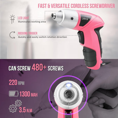 Pink 20-Piece 3.6V USB Rechargeable Cordless Screwdriver Set - Compact Toolbox with Claw Hammer, Needle-Nose Pliers & Screwdriver Bits, Low-Power Electric Tool Kit for Women, Ideal Gift