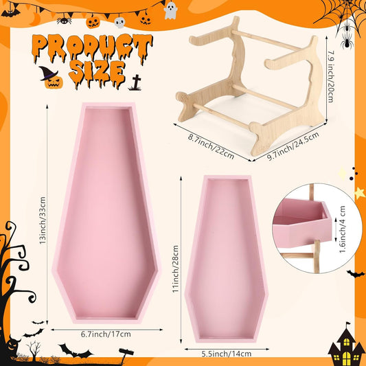 Leinuosen 2 Pack Wood Decorative Tray Serving Tray Box with Bamboo Stand Versatile Countertop Organizer for Goth Aesthetic, Bathroom, Kitchen Decor(Pink)