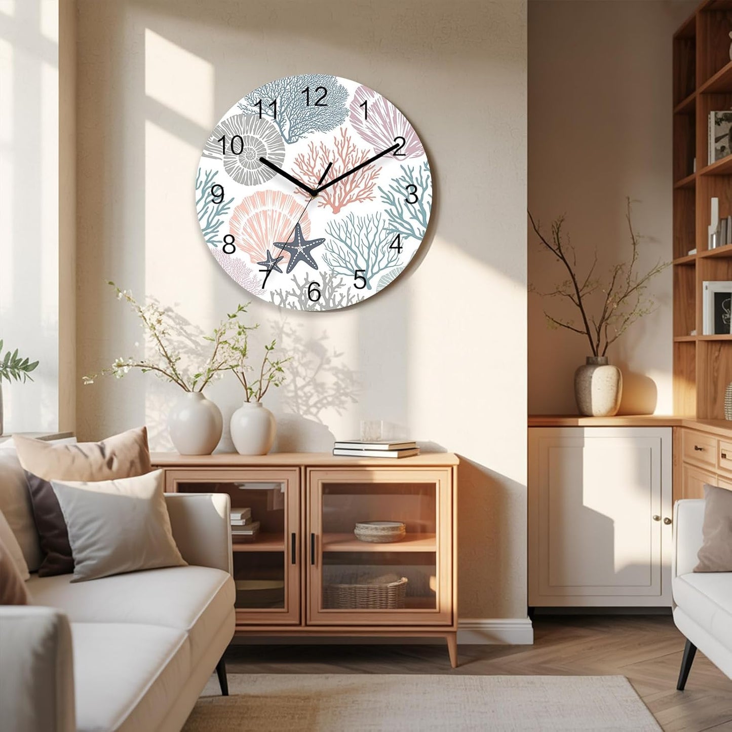 Underwater World Wall Clock Battery Operated Non-Ticking 10" Round Wood Clocks, Marine Life Starfish Coral Shell Pink Kitchen Wall Clock for School Bathroom Living Room Home Office Wall Decor