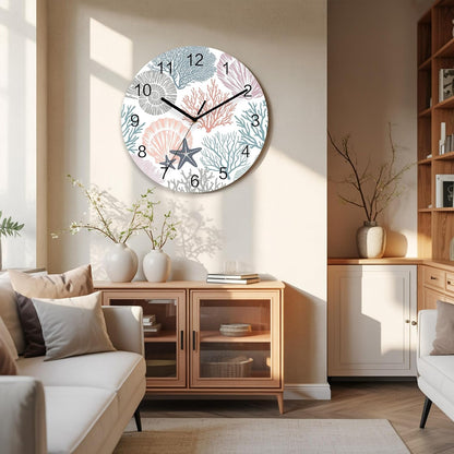 Underwater World Wall Clock Battery Operated Non-Ticking 10" Round Wood Clocks, Marine Life Starfish Coral Shell Pink Kitchen Wall Clock for School Bathroom Living Room Home Office Wall Decor