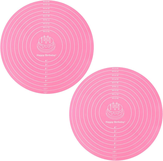 2Pcs 12" Silicone Cake Mat Pink Round Baking Mat Non Slip Cakes Turntable Mats with Measurements Reusable Turntable Pastry Mats for Rolling Out Dough Cake Pizza and Cookies