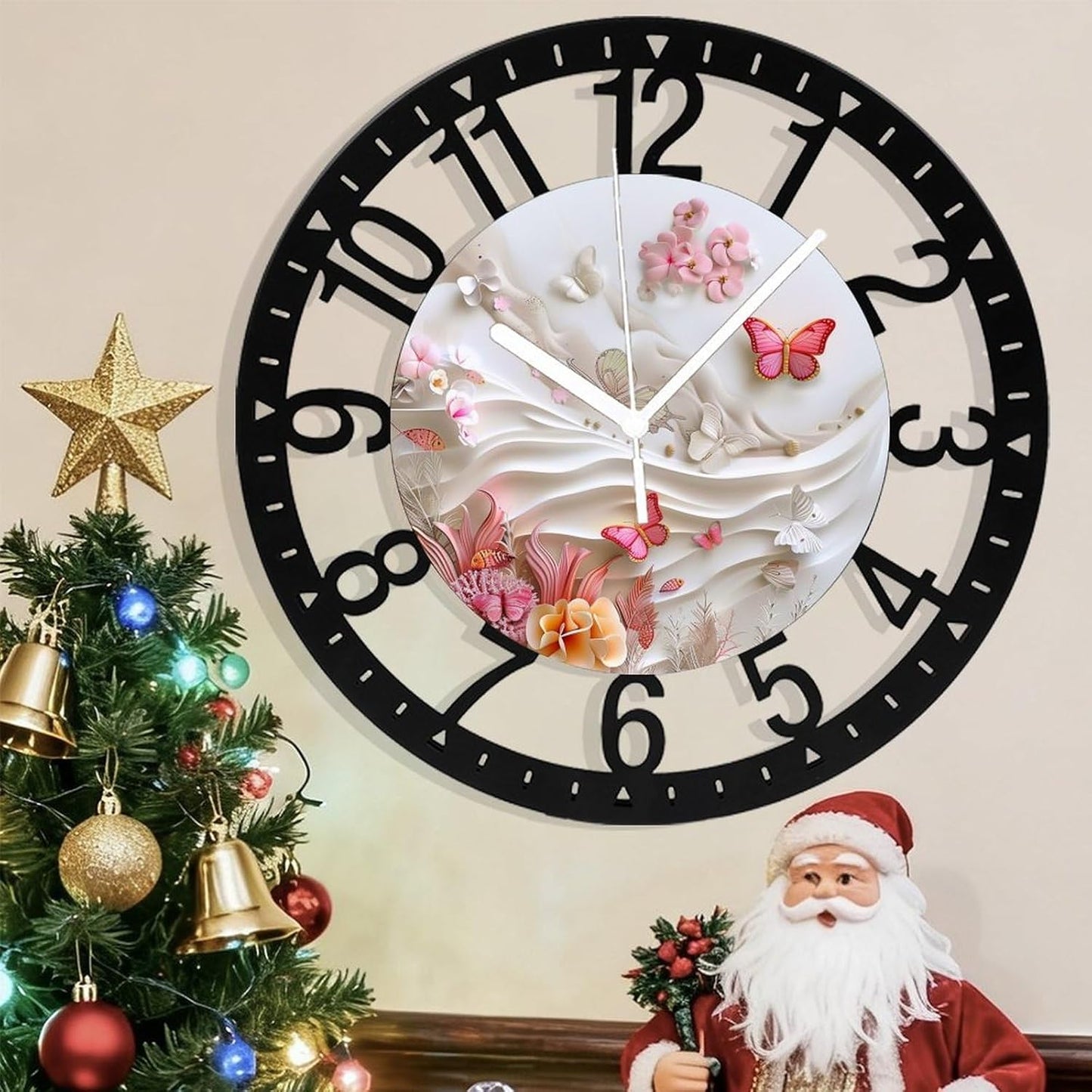 Metal Wall Clock for Living Room -10" Pink Butterflies and Fish in Coral Garden Silent Non Ticking,Battery Operated, Antique Clocks for Farmhouse,Bedroom,Kitchen - Arabic Numerals