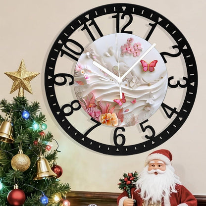 Metal Wall Clock for Living Room -10" Pink Butterflies and Fish in Coral Garden Silent Non Ticking,Battery Operated, Antique Clocks for Farmhouse,Bedroom,Kitchen - Arabic Numerals