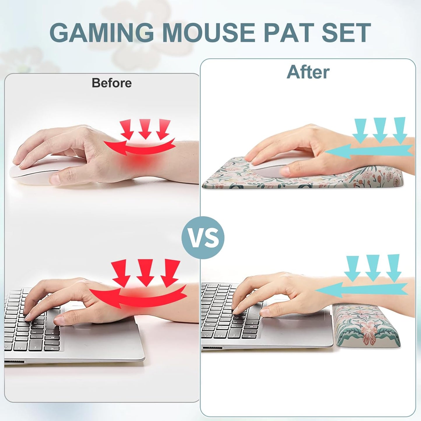 iCasso Mouse Pad with Wrist Rest,Large Desk Mat Set,Ergonomic Keyboard Pad with Wrist Support,Non-Slip Mouse Mat for Women,Cute Floral Computer Mat for Home Office Gaming (Pink)