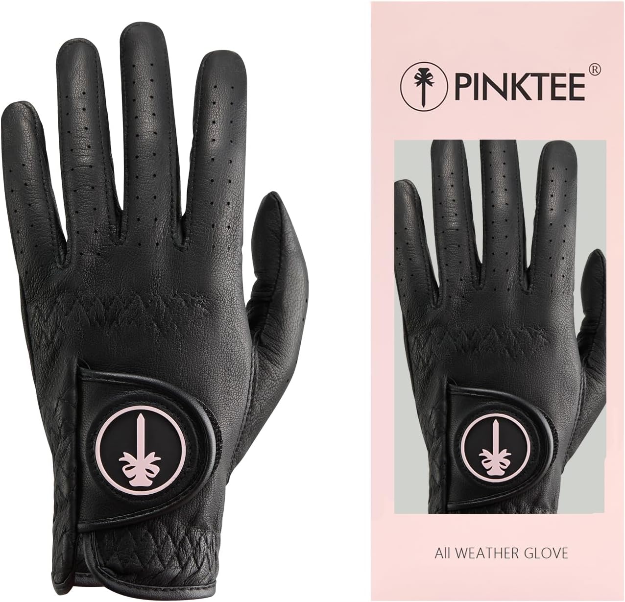 PINKTEE Women's Golf Glove Premium Cabretta Leather Ladies Left Hand All Weather Grip Elastic Wristband