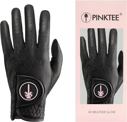 PINKTEE Women's Golf Glove Premium Cabretta Leather Ladies Left Hand All Weather Grip Elastic Wristband
