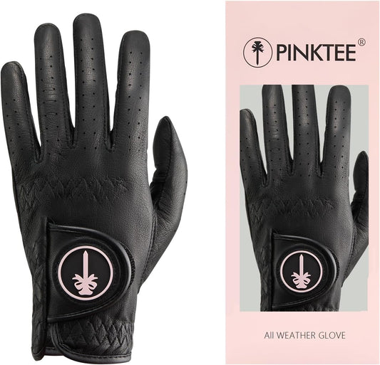 PINKTEE Women's Golf Glove Premium Cabretta Leather Ladies Left Hand All Weather Grip Elastic Wristband