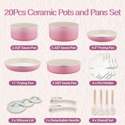 ONGIFT 20pcs Ceramic Cookware Set Nonstick, Detachable Handle Pots and Pans Set, Non Toxic,No PFAS & PTFE & PFOA, Dishwasher/Oven Safe, RV Kitchen Set Removable Handle for Cooking, Pink