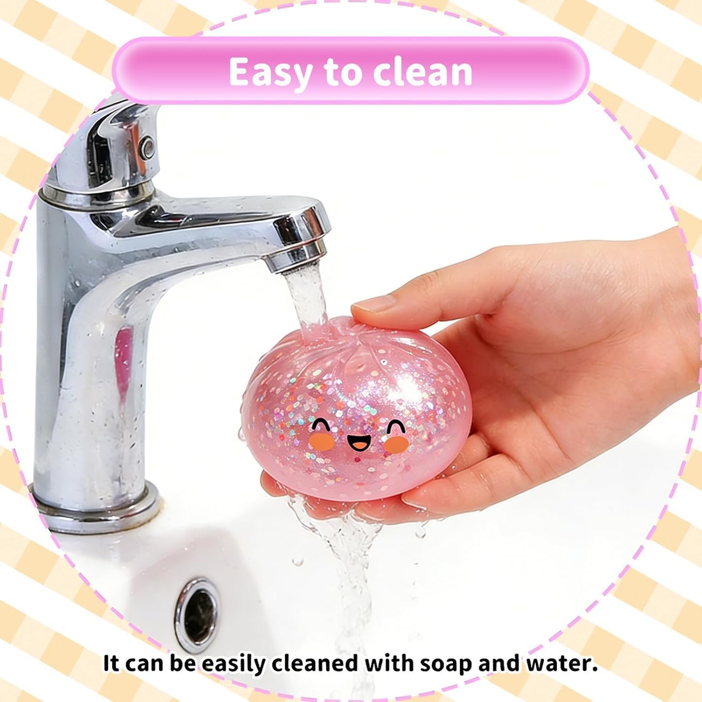 Dumpling Squishes Stress Balls with Steamer, Cute Anxiety Relief Toy, Soft Squeeze Decompression Dough for Adults, Simulation Food Squishies Bun (Pink)