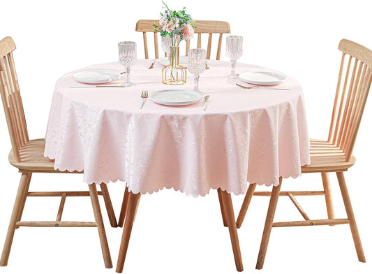Qubjus Round Jacquard Tablecloth High Weight Heavy Waterproof oilproof with Lace Table Cover for Dining Table,Round-70 Inch, Pink