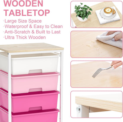 SYKIARIOL Utility-Rolling-Craft-Storage-Cart-Organizer with 4 Drawers and Wooden Tabletop, 4 Tier Drawer Cart for Home Office, Kid Room, Classroom Teacher, Dorm, Pink