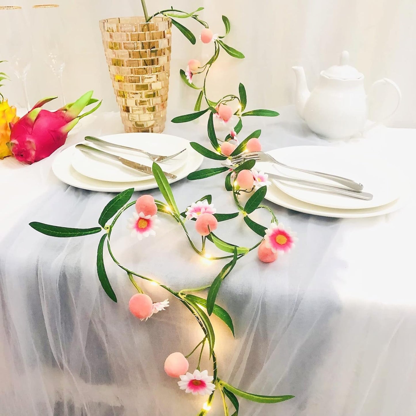 Simulation Peach String Lights Hanging Vine Plant Peach Garland Artificial Fruit Peach Pink Flower Fairy Light Battery Powered for Home Garden Wedding Party Decor (2 Pack, Pink Peach)