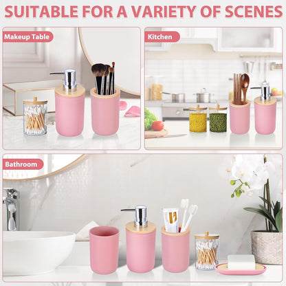 iMucci Bathroom Accessories Set 5Piece Pink Bathroom Sets, Toothbrush Holder, Toothbrush Cup, Lotion Soap Dispenser, Soap Dish and Qtip Holder Bathroom Decor