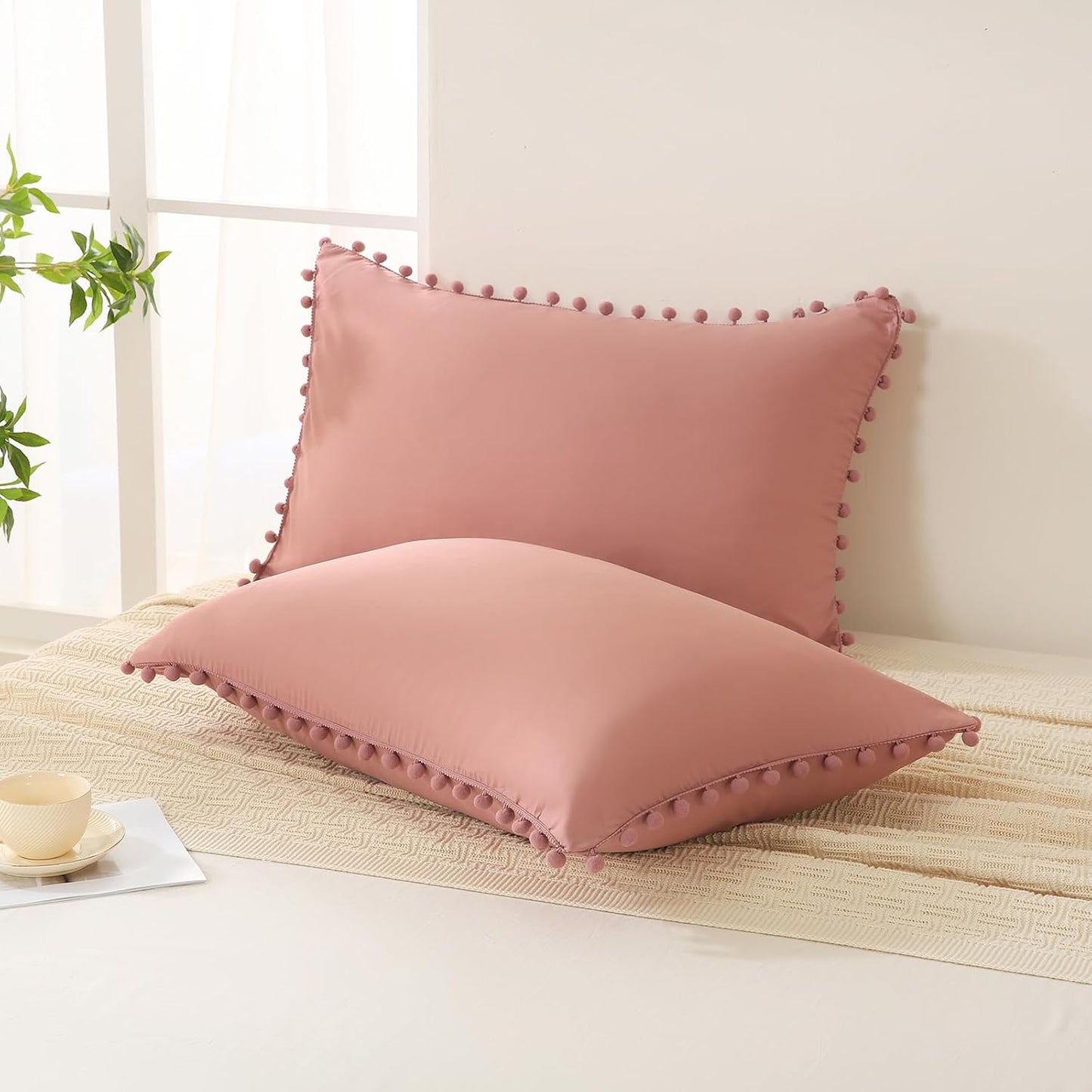 Bean Paste Pink Pom Poms Pillowcases, Standard Queen Pillow Cases Set of 2, 100% Washed Microfiber,Pink Ball Fringe Pillow Cover, 2 Pack (Queen, Bean Paste)