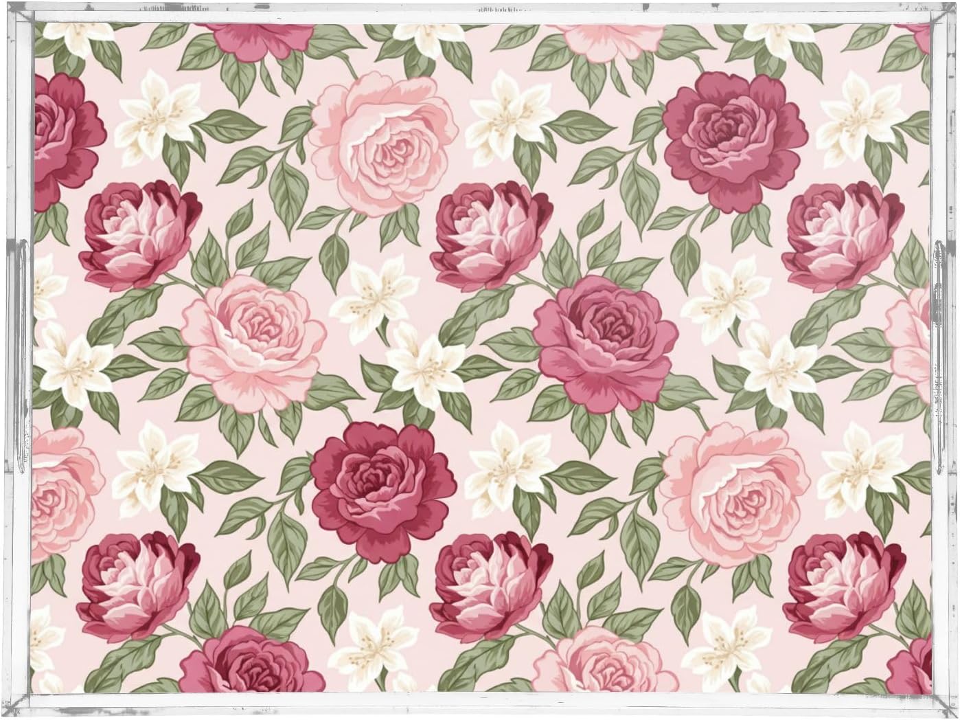 Floral Flowers Leaves Pink Print Serving Tray with Handles Decorative Ottoman Rectangle Acrylic Tray for Kitchen Coffee Table Living Room 16x12 Inch